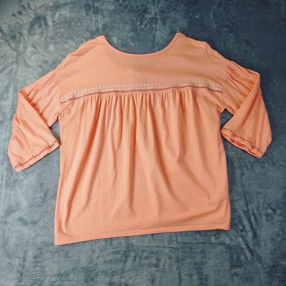 Eddie Bauer Womens XL Orange Peasant Top‎ 3/4 Sleeve Tie Neck Cotton Tencel Boho - Picture 9 of 9